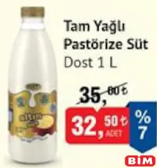 DOST TAM YAĞLI PASTÖRİZE SÜT 1 L